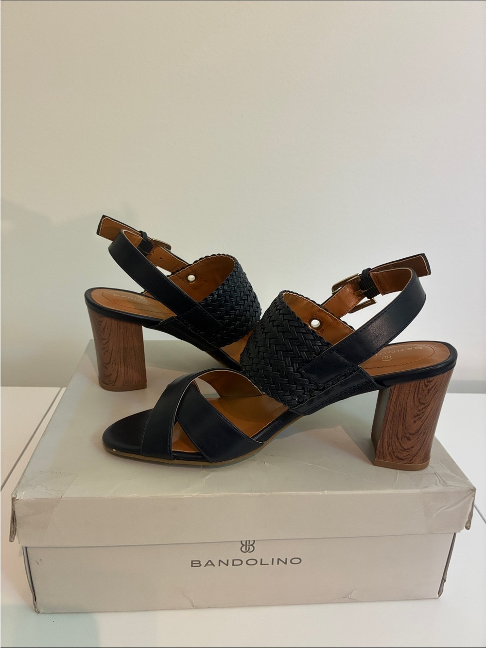 Bandolino Navy Woven Leather Slingback Block Heels